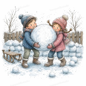Könnte beinhalten: Eine digitale Illustration von zwei Kindern in Winterkleidung, einer blauen Jacke und einem rosa Mantel, die gemeinsam einen großen Schneeball halten. Sie tragen passende Strickmützen und Schals. Ein Holzschlitten steht auf dem verschneiten Boden.
