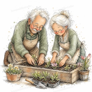 May include: An illustration of an elderly couple with white hair and glasses wearing green jumpers and beige aprons, kneeling whilst planting small green seedlings into a rectangular wooden planter box, with potted flowers nearby.