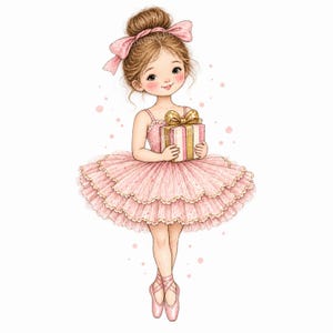 Puede incluir: Una ilustración digital de un personaje con el cabello castaño recogido en un moño, vistiendo un tutú rosa y zapatillas de ballet a juego. El personaje lleva un lazo rosa en el pelo y sostiene un regalo rectangular con un lazo dorado.