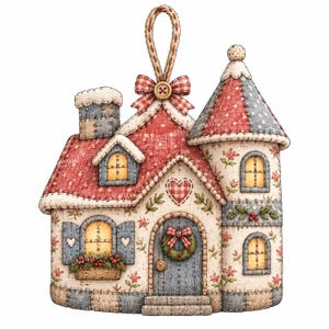 May include: A hanging house ornament featuring a patchwork design with red, blue, and cream fabric patterns. The structure includes a chimney, a conical tower, multiple windows with yellow light, a front door with a wreath, and a top hanging loop.