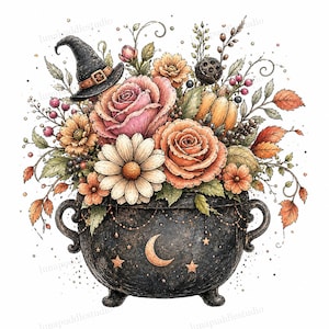 May include: A black cauldron with a crescent moon and star design, overflowing with a floral arrangement of pink and orange roses, a white daisy, a small pumpkin, berries, and autumn leaves, topped with a small black witch hat.