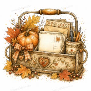 May include: A wooden caddy with a handle, filled with stationery, envelopes, and a pumpkin. The caddy features a heart-shaped motif, a plaid bow, and is decorated with autumn maple leaves and berries. A pen holder contains writing instruments.