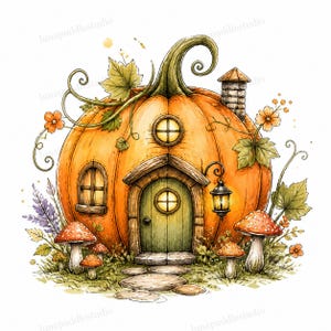 20 fantasiose immagini clipart di casette di zucca, simpatiche immagini JPG ad acquerello, stampe artistiche di casette di zucca, download digitale, uso commerciale