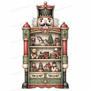 Peut inclure: Une armoire décorative en bois en forme de casse-noisette, arborant des tons rouges et verts avec des détails dorés. Elle comporte trois étagères remplies de jouets miniatures, dont un cheval à bascule, un ours en peluche, un train et un bonhomme de neige.