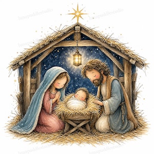 May include: A watercolor-style illustration of a nativity scene featuring a figure in a blue head covering and pink dress, a bearded figure in a blue robe, and a swaddled infant in a wooden manger, all under a wooden stable roof with a star.