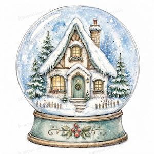 Könnte beinhalten: Eine Aquarellillustration einer Schneekugel mit einem Häuschen mit schneebedecktem Dach, einem Steinkamin und leuchtenden Fenstern. Die Szene zeigt Tannenbäume, einen kleinen Zaun und fallenden Schnee. Der Sockel ist blaugrün mit Stechpalmenbeeren.