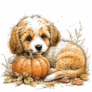 Puede incluir: Una ilustración estilo acuarela de un cachorro de pelaje esponjoso color canela y blanco descansando junto a una calabaza naranja redonda. El cachorro tiene ojos grandes y oscuros, rodeado de hojas de otoño dispersas y tallos de hierba seca.