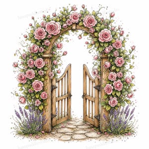 20 Whimsical Garden Gate Roses Clipart, Cottage Rose Arbor Wedding Decor Watercolor JPGs, Digital Download, Commercial Use