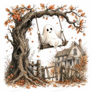 May include: A white ghost with large black eyes sits on a wooden swing hanging from a large oak tree with orange autumn leaves. In the background, a two-story house stands behind a wooden fence, with fallen leaves scattered on the ground.