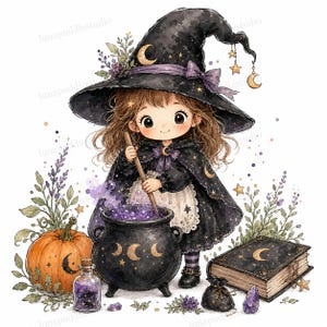 Puede incluir: Una ilustración de dibujos animados de una joven bruja de pelo castaño con sombrero y capa negros con motivos de lunas y estrellas. La bruja remueve un caldero negro con una poción morada. Cerca hay una calabaza, un libro de hechizos y cristales.