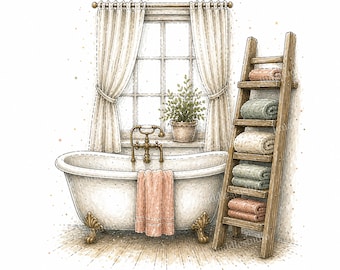 May include: A white clawfoot bathtub with a brass faucet and a pink towel draped over the side. Beside the tub stands a wooden ladder shelf holding five folded towels in shades of pink and green. A window with beige curtains and a potted plant.