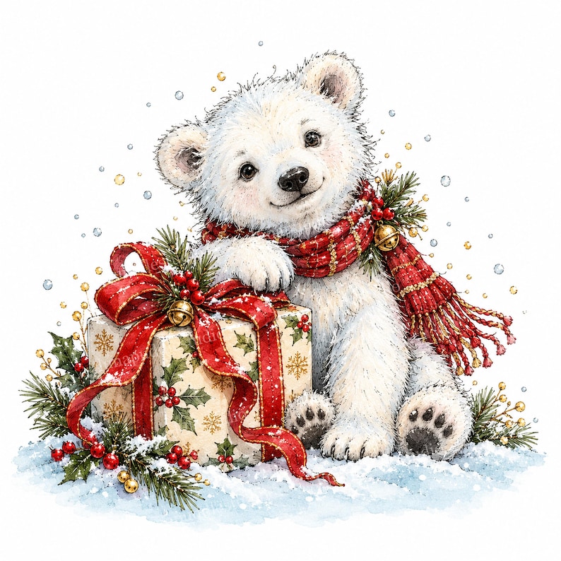 20 imágenes prediseñadas de osos polares de invierno, diarios de invierno en acuarela JPG, descarga digital, uso comercial.