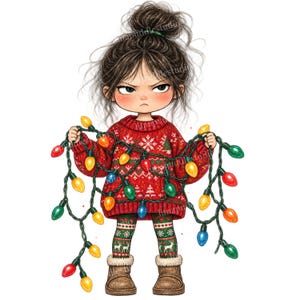 Könnte beinhalten: Eine digitale Illustration einer Figur mit einem unordentlichen dunklen Haarknoten, die einen roten Strickpullover mit weißen Schneeflockenmustern und eine passende Leggings mit Rentiermotiven trägt und eine Lichterkette hält.