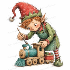 Op de afbeelding: Een aquarelillustratie van een elf met rood haar, een rode muts en een groen pakje die een houten speelgoedtrein schildert. De elf houdt een penseel vast en brengt blauwgroene verf aan op de locomotief. De trein heeft een rode wagon.