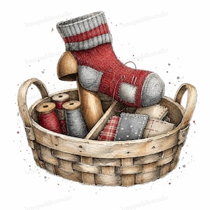 May include: A woven wooden basket containing sewing supplies, including spools of red and gray thread, fabric patches, and a wooden darning mushroom holding a red and gray knit sock with a visible patch and needle, featuring the text lunapuddlestudio.