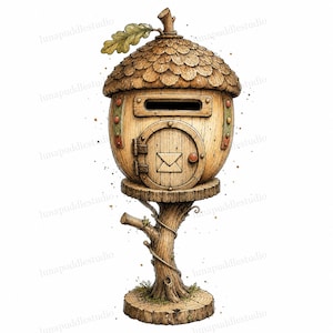 May include: A wooden mailbox shaped like an acorn with a textured cap, a circular door featuring an envelope icon, and a horizontal mail slot. The structure is supported by a tree trunk base resting on a circular wooden platform with a single leaf.