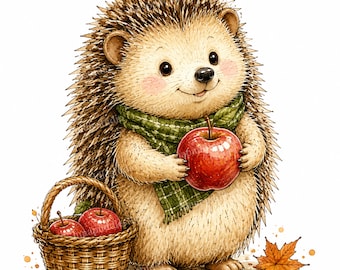 May include: A brown hedgehog illustration wearing a green plaid scarf, holding a shiny red apple. Beside the hedgehog is a woven wicker basket containing two additional red apples. Scattered around the base are small orange autumn leaves.