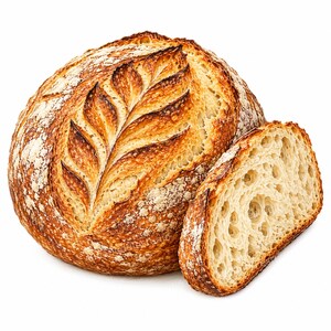 May include: A round loaf of sourdough bread with a golden-brown, flour-dusted crust featuring a decorative leaf-shaped score pattern on top, accompanied by a single thick slice showing an airy, porous interior crumb texture.