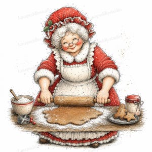 Puede incluir: Una ilustración detallada de una persona mayor sonriente con cabello blanco que viste un vestido rojo con ribete de piel blanca y un delantal blanco, usando un rodillo de madera para aplanar masa sobre una superficie de madera con harina y galletas.