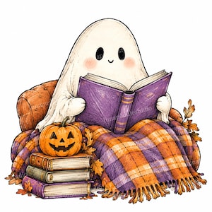 May include: A white ghost with black eyes and pink cheeks sits on a brown armchair, reading a purple book. A stack of three books and a carved orange jack-o'-lantern sit nearby, all covered by a purple and orange plaid blanket with fringe.