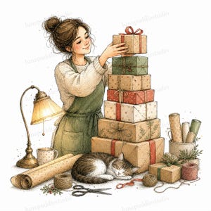 May include: A digital illustration of a person in a green apron stacking gift boxes. The scene includes a desk lamp, a sleeping tabby cat, rolls of wrapping paper, scissors, and twine. The gifts are wrapped in various patterned papers with ribbons.