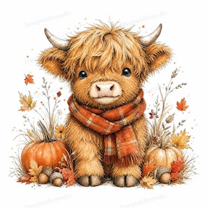 May include: A digital illustration of a fluffy Highland calf with shaggy ginger fur, wearing a plaid orange scarf. The calf is surrounded by two orange pumpkins, scattered autumn leaves, and acorns against a plain white background.