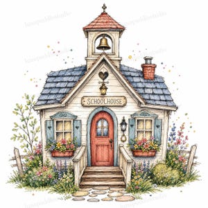 Peut inclure: Une illustration à l'aquarelle d'une école blanche avec un toit en bardeaux bleus, une porte rouge et un clocher. Le bâtiment comporte une enseigne indiquant SCHOOLHOUSE, des jardinières remplies de fleurs colorées et un chemin en pierre.