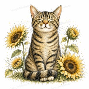 Puede incluir: Una ilustración detallada de un gato atigrado marrón con los ojos cerrados sentado pacíficamente. El gato está rodeado por cuatro girasoles amarillos vibrantes con centros de color marrón oscuro y hojas verdes. La obra incluye el texto lunapuddlestudio.