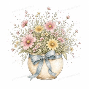 May include: Watercolor illustration of a floral arrangement in a cream-colored pot tied with a light blue bow. The bouquet features pink and yellow daisies, small pink flowers, and green foliage, all set against a white background.