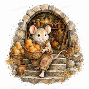 May include: A watercolor illustration of a mouse wearing brown overalls and a plaid shirt, carrying a woven basket of orange pumpkins. The mouse stands on stone steps in front of a stone archway filled with jars, a lantern, and produce.