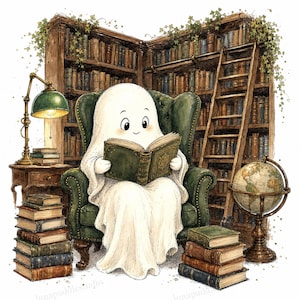 Peut inclure: Un personnage fantôme blanc est assis dans un fauteuil capitonné vert foncé en lisant un livre vert. La scène comprend de hautes étagères en bois remplies de livres, une échelle de bibliothèque, une lampe de bureau verte, un globe et des piles de livres.