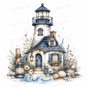 May include: A watercolour illustration of a white lighthouse with a blue roof, featuring a glowing lantern room, a small cottage base with a blue door, blue shutters, a wooden post, a metal lantern, seashells, and blue and yellow flowers.