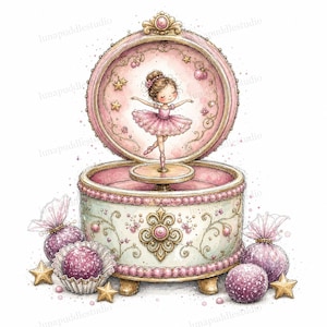 Peut inclure: Une boîte à musique ronde et ornée avec une base crème et dorée, présentant une ballerine rotative en tutu rose à l'intérieur du couvercle ouvert. La boîte est décorée de perles roses et de filigrane doré, entourée de sphères violettes pailletées.