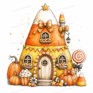 May include: A whimsical house shaped like a candy corn with orange, yellow, and white sections. It features a wooden door, arched windows, a chimney with a candy corn topper, pumpkins, a cupcake, a lollipop, and bows, all in a watercolor style.