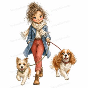 Puede incluir: Una ilustración de dibujos animados de una persona con cabello castaño rizado que viste un abrigo azul, bufanda blanca y pantalones color óxido, paseando a dos perros con correas. Un pequeño terrier beige y un Cavalier King Charles Spaniel marrón y blanco.