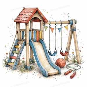 Op de afbeelding: Een houten speeltoestel met een rood dak, een blauwe glijbaan en een ladder met veelkleurige treden. Het heeft twee schommels aan een balk versierd met kleine driehoekige vlaggetjes, een basketbal en een springtouw op de grond.