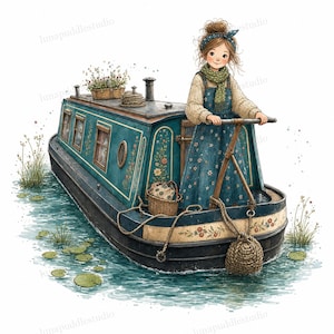 Könnte beinhalten: Ein blaugrünes Narrowboat mit Blumenmustern und Schornstein, gesteuert von einer Person in cremefarbenem Pullover, blauem Blumen-Latzkleid und grünem Schal. Das Boot hat einen Weidenkorb, Seile und einen Fender, schwimmend auf Wasser mit Seerosen.