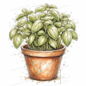 May include: A detailed ink and watercolor illustration of a lush green basil plant growing in a terracotta pot. The plant features numerous oval-shaped leaves with visible veins, while the pot displays a textured, weathered orange-brown finish.