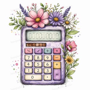 20 kalkylatorblommor Clipart, matematiklärare skrivbordsgrafik akvarell JPG-filer, digital nedladdning kommersiellt bruk