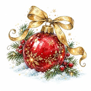 May include: A round red Christmas ornament featuring gold snowflake and vine illustrations, topped with a large gold ribbon bow. The ornament is nestled among green pine needles, red berries, and white snow with gold glitter accents.