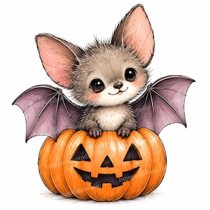 Può includere: Un pipistrello soffice color marrone chiaro con grandi orecchie e occhi scuri è seduto all'interno di una zucca arancione brillante intagliata. Il pipistrello ha piccole ali scure spiegate ai lati e la zucca presenta un naso triangolare e un sorriso.