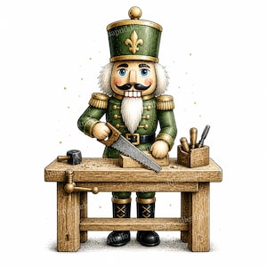 Op de afbeelding: Een notenkrakerfiguur in een groen uniform met gouden accenten en een hoge hoed met een gouden fleur-de-lis. Het figuur staat aan een houten werkbank, houdt een handzaag tegen een blok hout, met een hamer en gereedschap op de tafel.