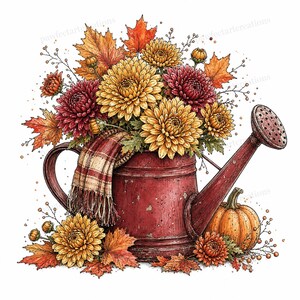 May include: A watercolor illustration of a red watering can overflowing with fall flowers, leaves, and a plaid scarf. The flowers are yellow and burgundy, with orange maple leaves. A small orange pumpkin sits nearby, evoking a harvest theme.