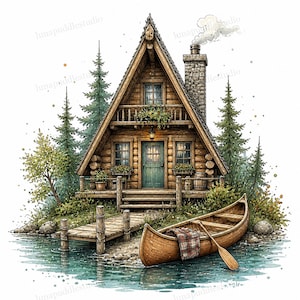 20 nyckfulla sjöstuga kanot Clipart, mysig stuga camping reträtt dekor akvarell JPG-bilder, digital nedladdning, kommersiellt bruk