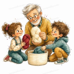 Op de afbeelding: Een aquarelillustratie van een ouder persoon met wit haar en een bril in een gele trui, zittend met twee kinderen. De oudere persoon houdt witte wol vast, het meisje houdt rode wol vast en de jongen reikt naar een mand met wol.