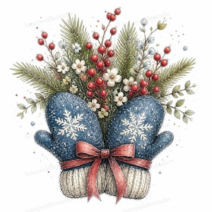 May include: A pair of blue mittens with white snowflake patterns and ribbed cuffs, tied together with a red ribbon. The mittens are filled with a festive arrangement of green pine branches, small white flowers, and clusters of bright red berries.