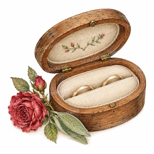May include: An oval wooden ring box with a hinged lid, featuring a beige fabric interior with two ring slots. The inside lid is decorated with a small floral vine illustration. A single red rose with green leaves rests beside the box.