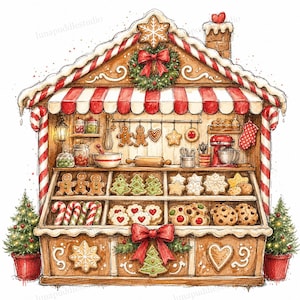 May include: A watercolor illustration of a gingerbread bakery stall featuring a red and white striped awning, a wreath with a red bow, and shelves stocked with gingerbread cookies, candy canes, a red stand mixer, and baking tools.