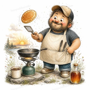 May include: An illustration of a person flipping a pancake over a frying pan. The person is wearing an apron and a cap, and is cooking outdoors. A mug of coffee and a bottle of syrup are also present, suggesting a breakfast scene.
