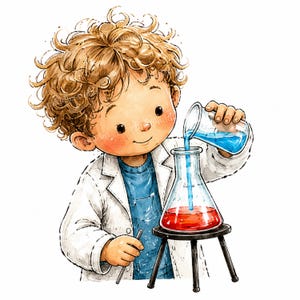 Può includere: Un'illustrazione in stile acquerello di un bambino con capelli castani ricci che indossa un camice bianco sopra una maglietta blu. Il bambino versa del liquido blu da un becher in un matraccio conico contenente liquido rosso su un treppiede nero.